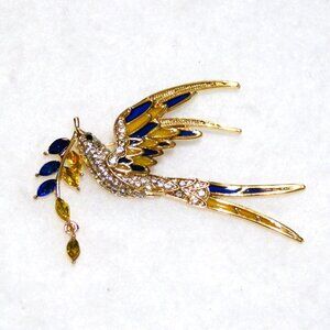 Dove of Peace Rhinestone Brooch Blue & Gold